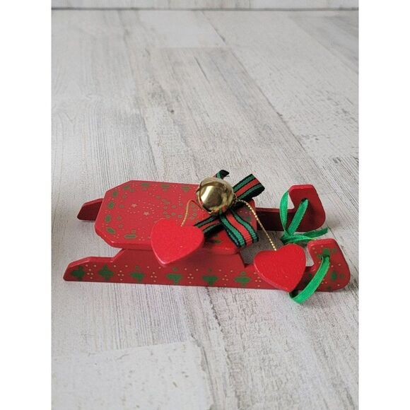 Red wooden mini mistletoe Bells sled ornament Xmas decor - Picture 3 of 5